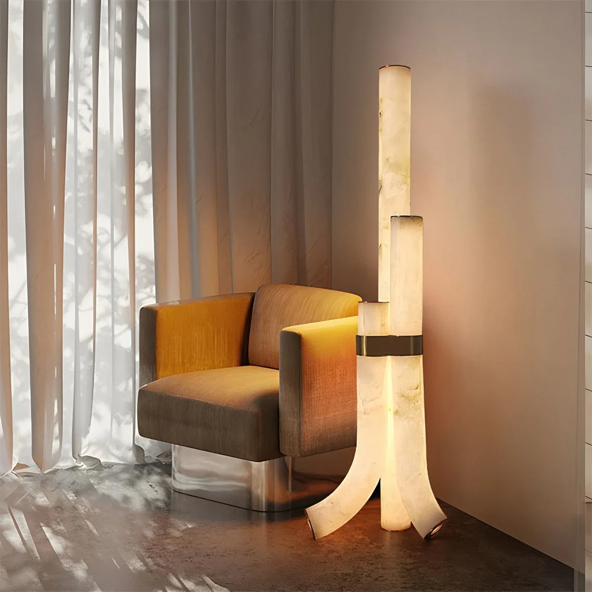 Antizer Copper & Natural Spanish Alabaster Piped Floor Lamp