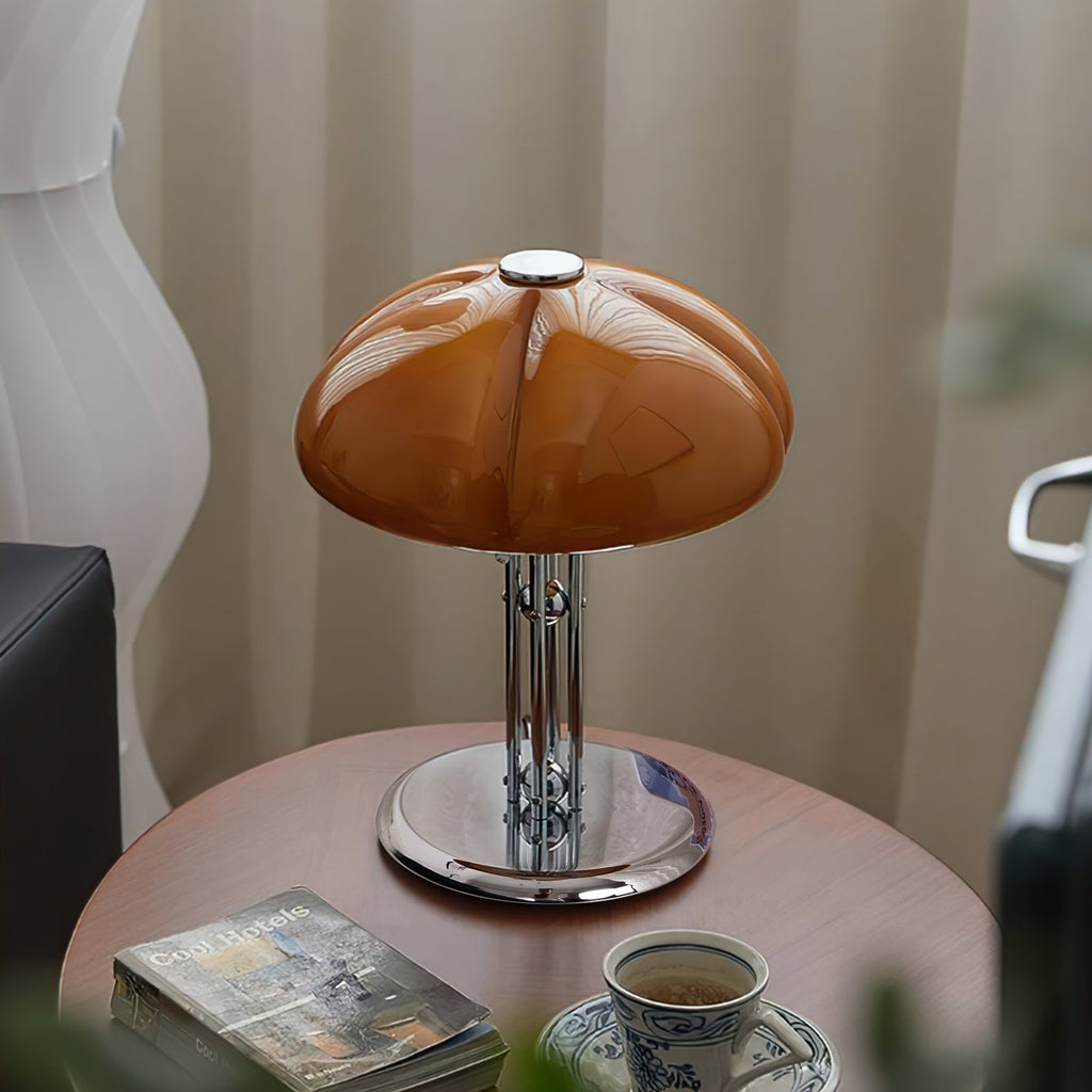 Quadrifoglio Designer Orange Glass Table Lamp with Chrome Base, Mid-Century Modern Accent Light