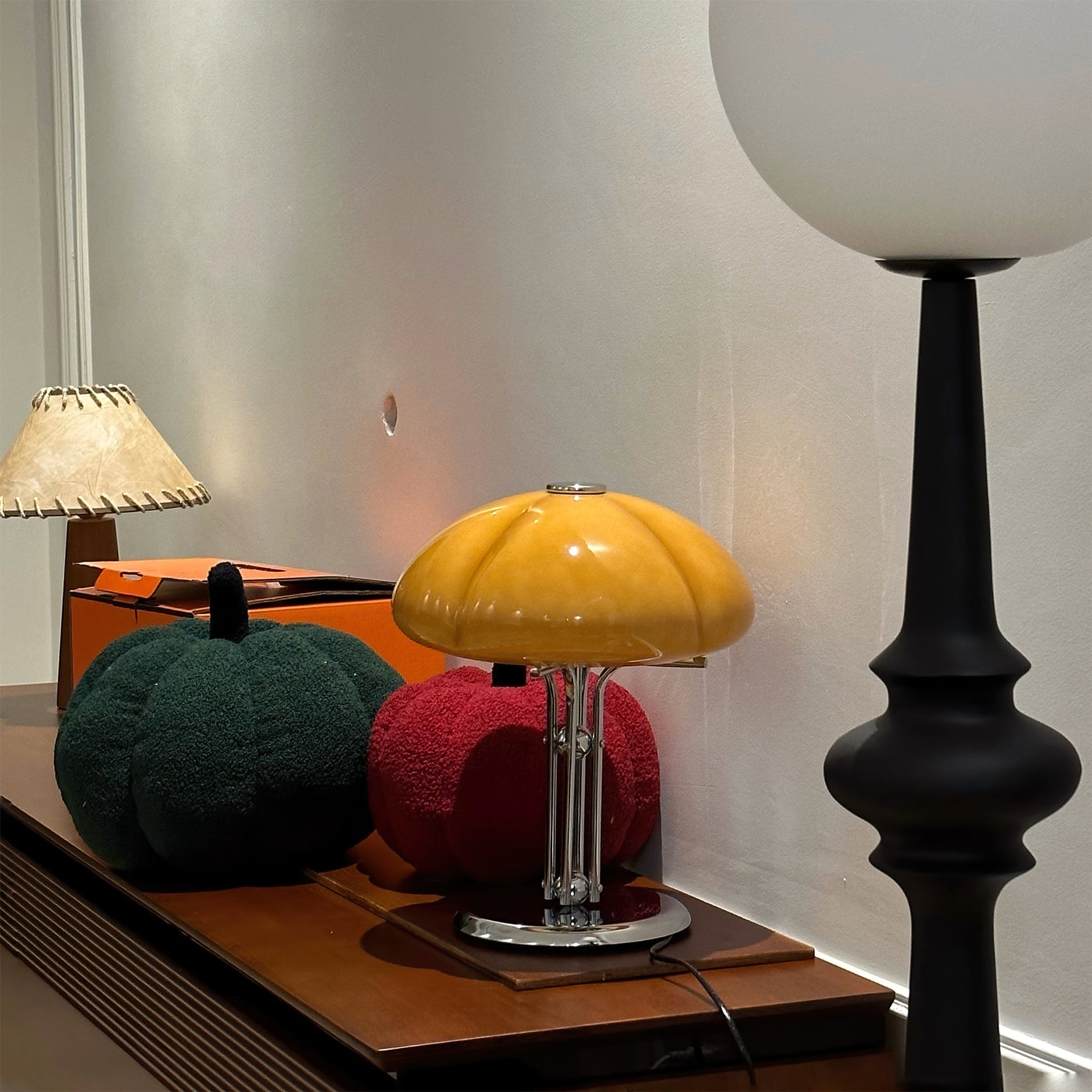 Quadrifoglio Designer Orange Glass Table Lamp with Chrome Base, Mid-Century Modern Accent Light